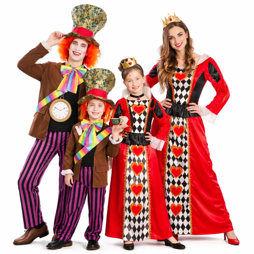 Grupo disfrazado de Reina de Corazones y Sombrerero con trajes coordinados de cuento para Carnaval