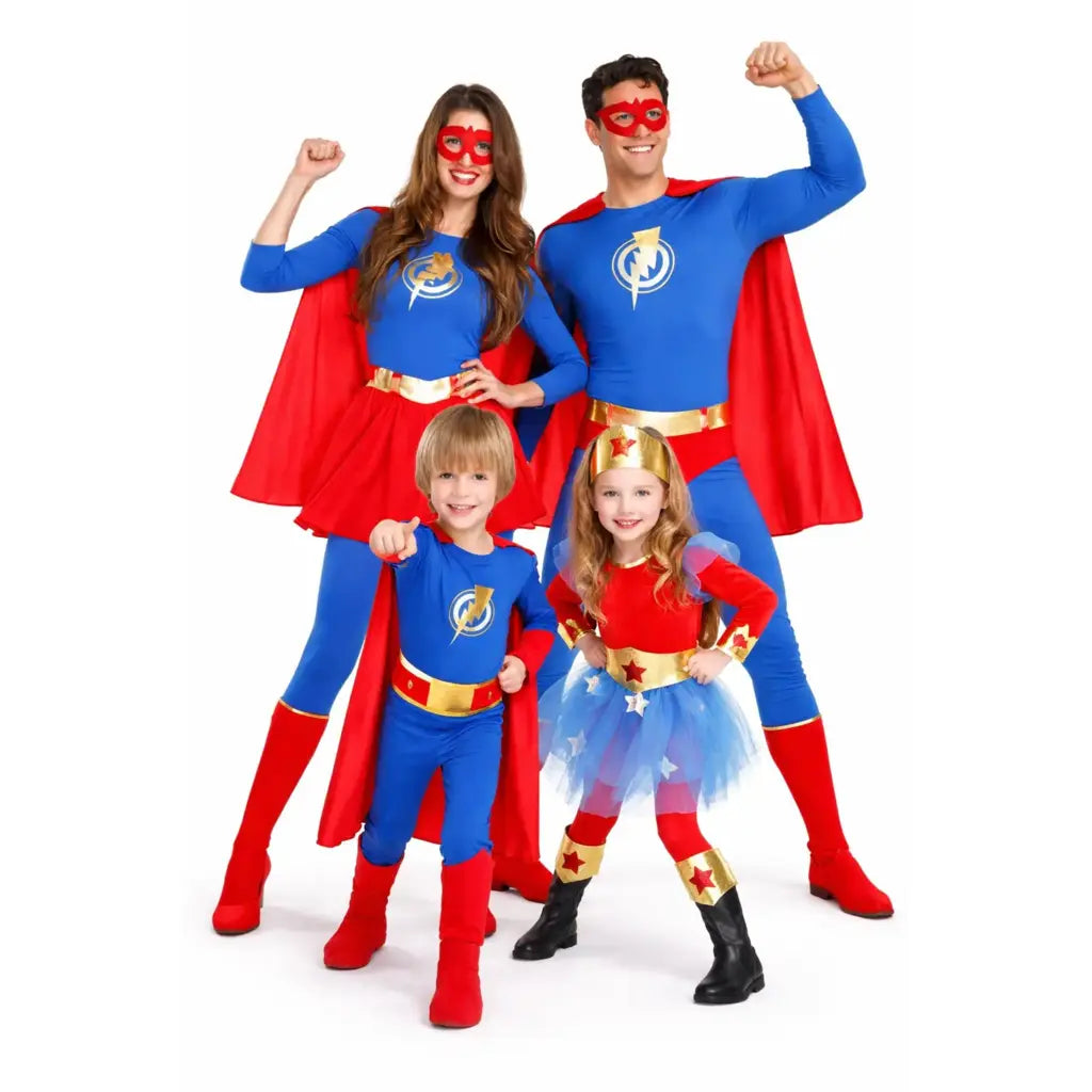 Grupo de personas con disfraces de superhéroes divertidos y coloridos para Carnaval
