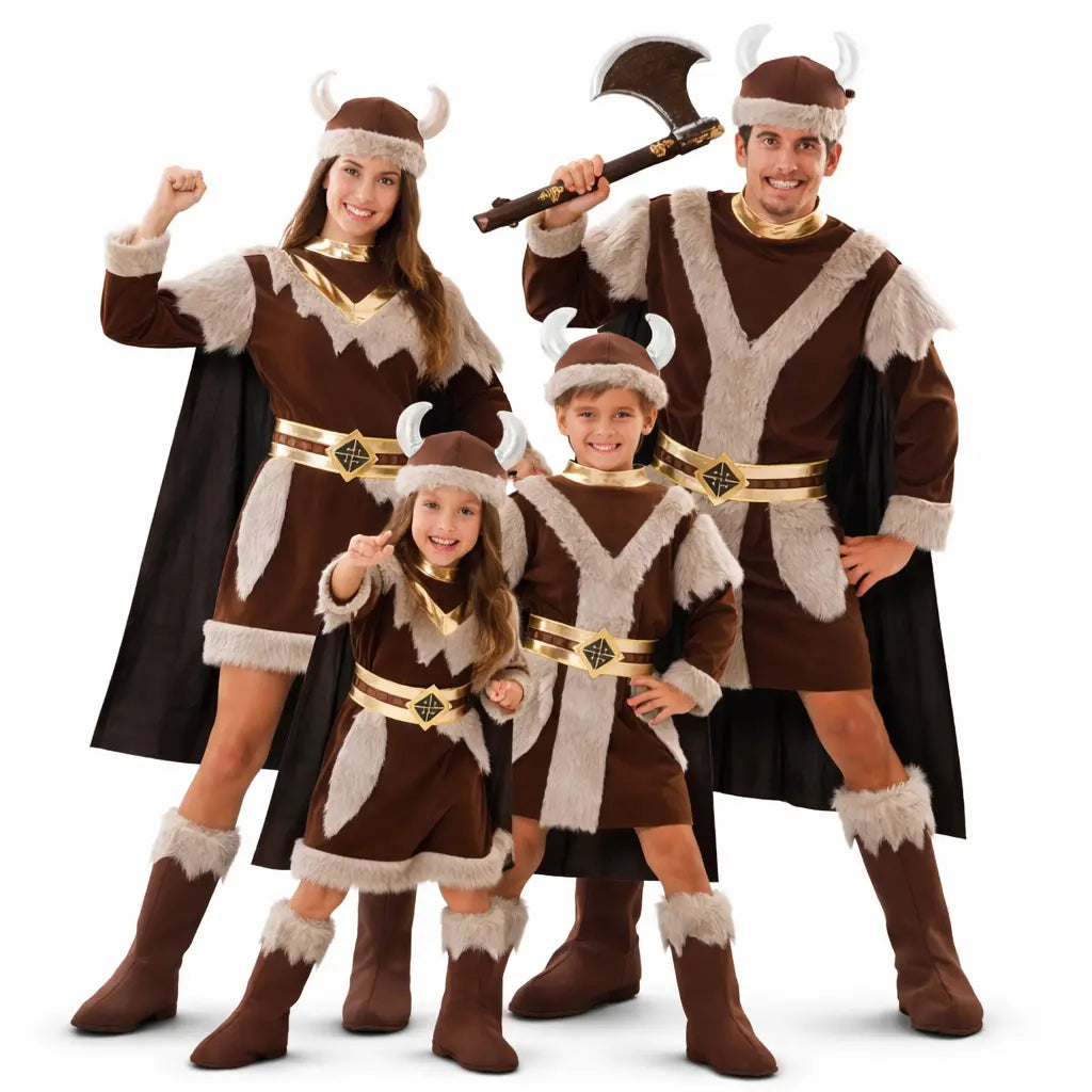 Grupo disfrazado de vikingos con trajes guerreros coordinados para Carnaval o fiesta temática
