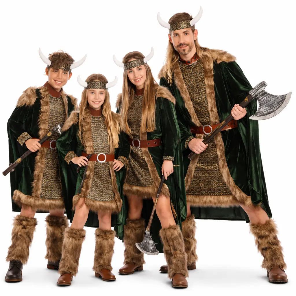Grupo disfrazado de vikingos bárbaros con tonos marrones y verdes para Carnaval y fiestas temáticas