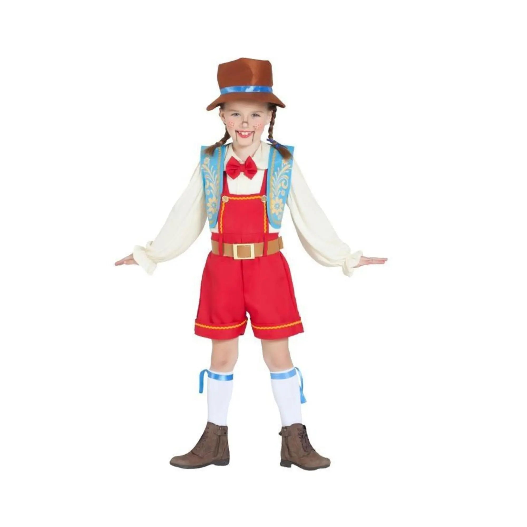 Disfraz de Pinocho para niña con sombrero, chaleco, camisa con pajarita y pantalón con peto para Carnaval