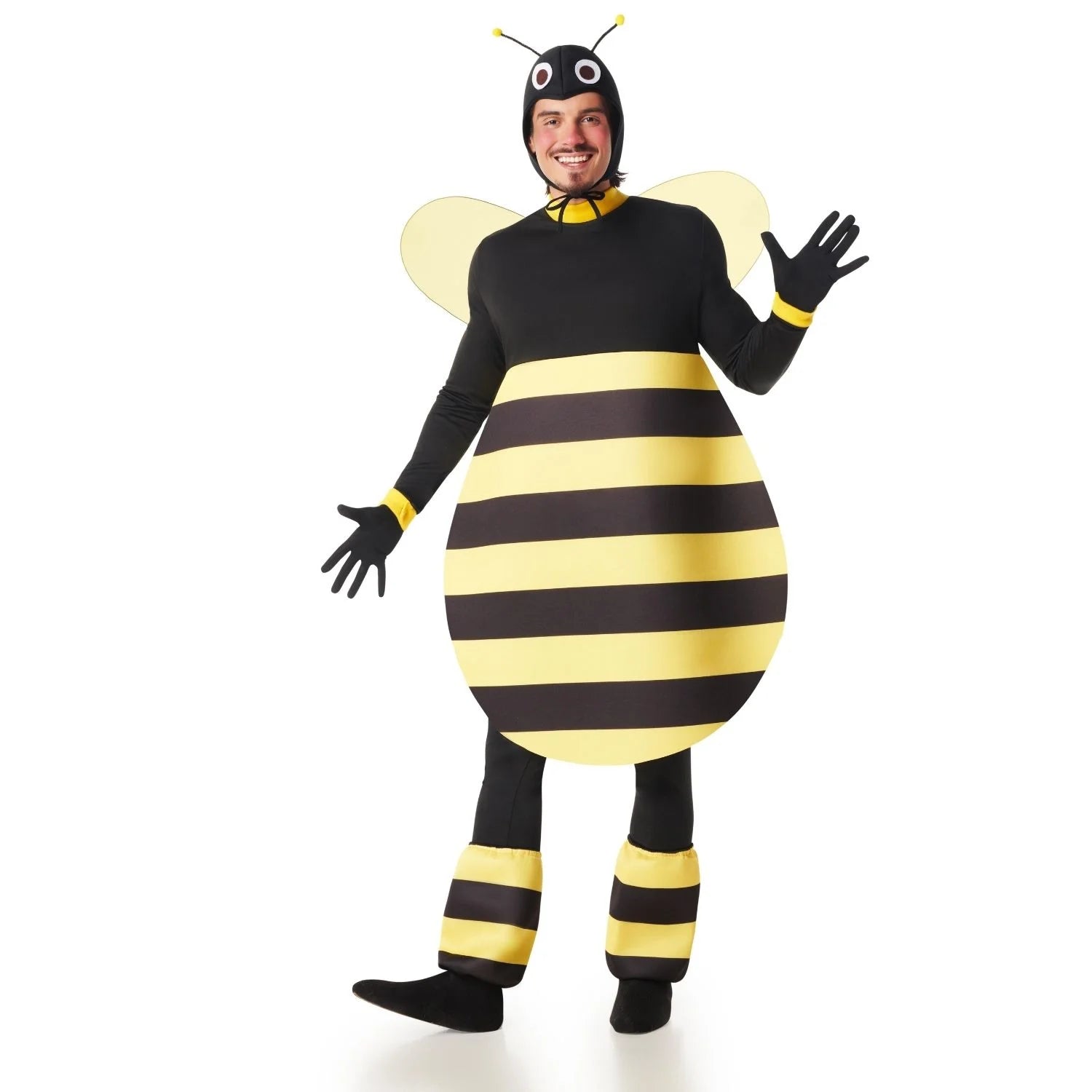 Disfraz de abeja rechoncha para hombre con capucha de antenas, cuerpo acolchado de rayas amarillas y negras, alas y calentadores