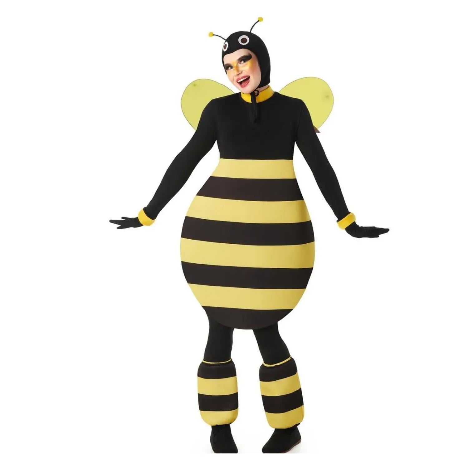 Disfraz de abeja rechoncha para mujer con capucha de antenas, cuerpo acolchado de rayas amarillas y negras, alas y calentadores