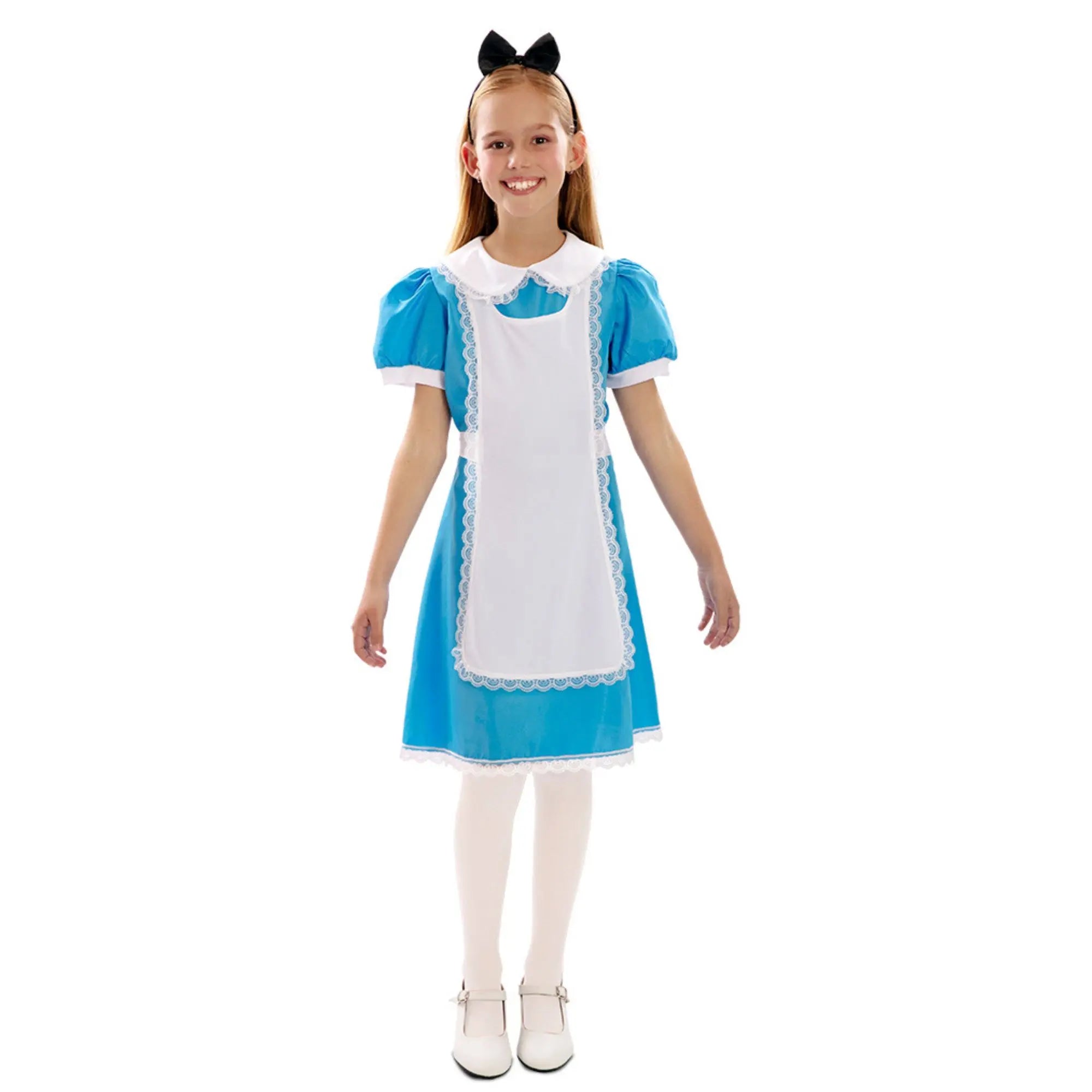 Disfraz de Alicia para niña con vestido azul, mandil blanco y diadema ideal para Carnaval y fiestas temáticas
