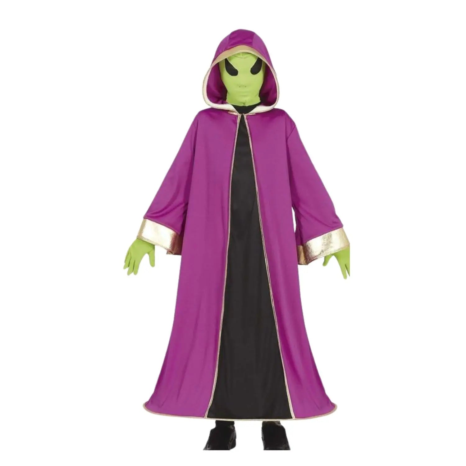Disfraz de alienígena infantil con máscara verde y túnica morada con capucha