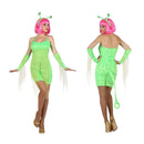 Disfraz de alien para mujer en color verde con vestido corto y cola incorporada, diadema con ojos extraterrestres y mangas a juego.