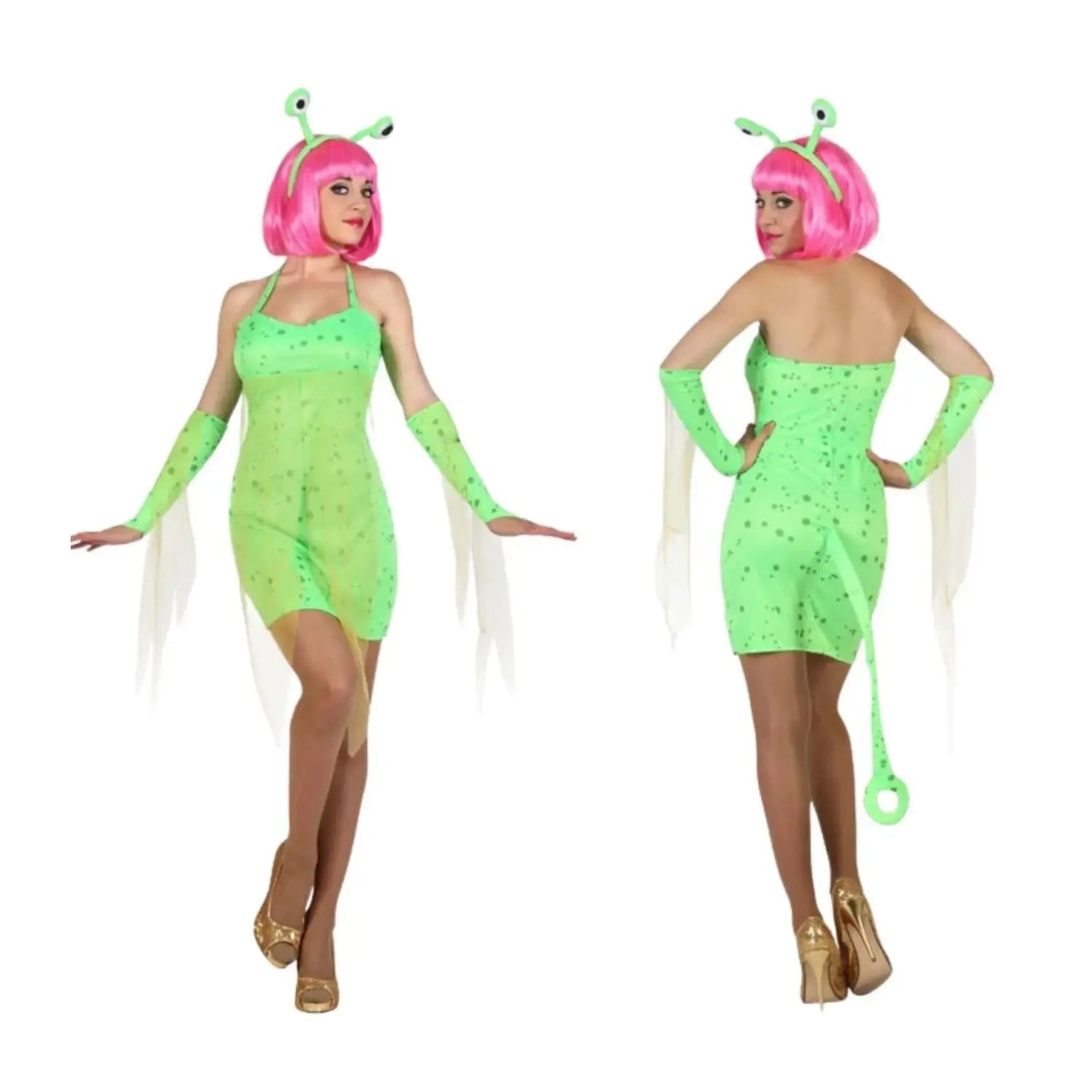 Disfraz de alien para mujer en color verde con vestido corto y cola incorporada, diadema con ojos extraterrestres y mangas a juego.
