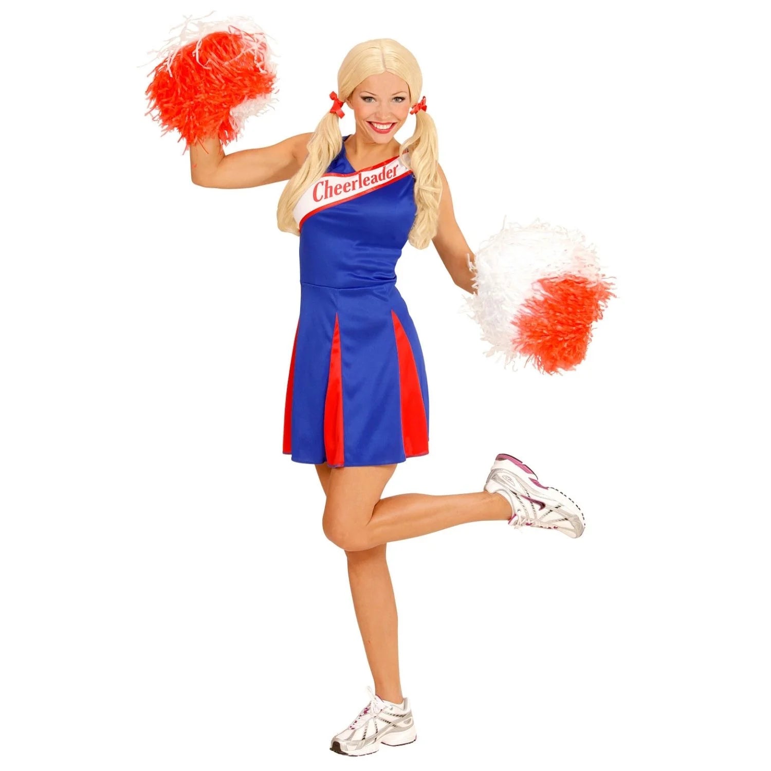 Disfraz Animadora Mujer Azul y Rojo con vestido deportivo estilo cheerleader