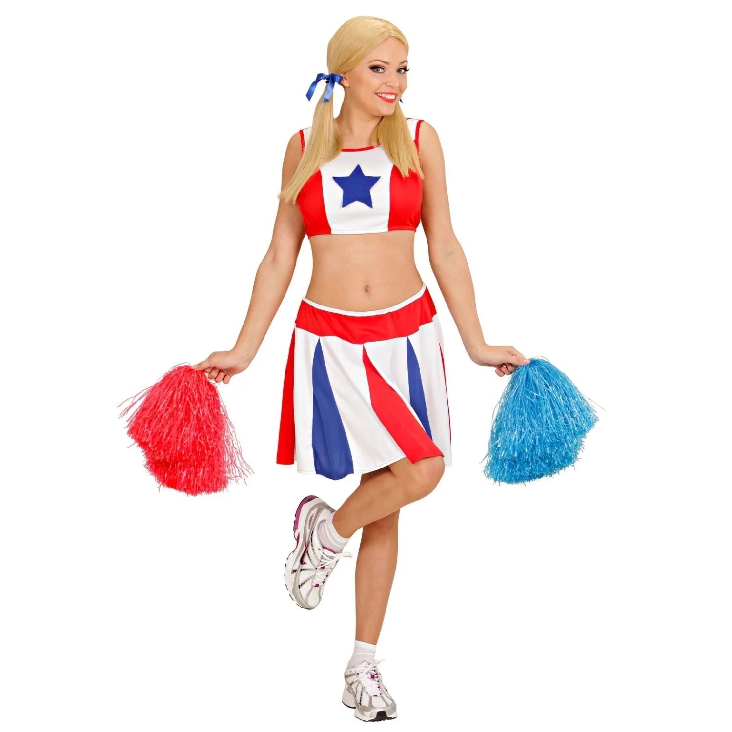 Disfraz de animadora para mujer con top y falda en colores blanco rojo y azul