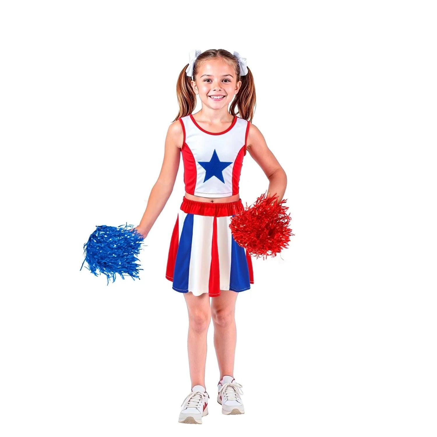 Niña con disfraz de animadora rojo blanco y azul para Carnaval