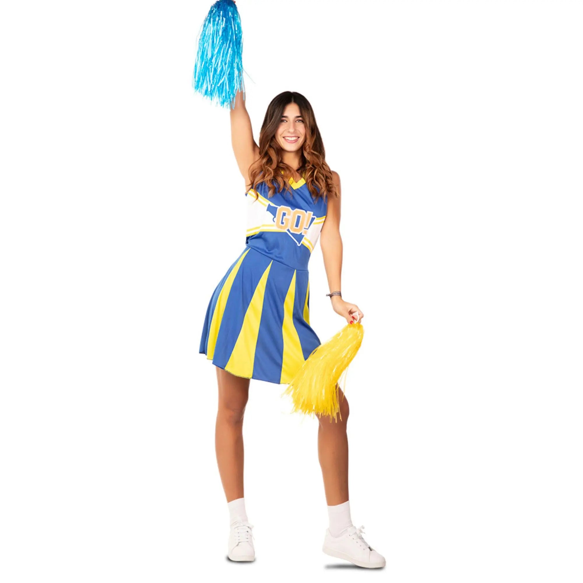 Disfraz de animadora para mujer en colores azul y amarillo con vestido deportivo