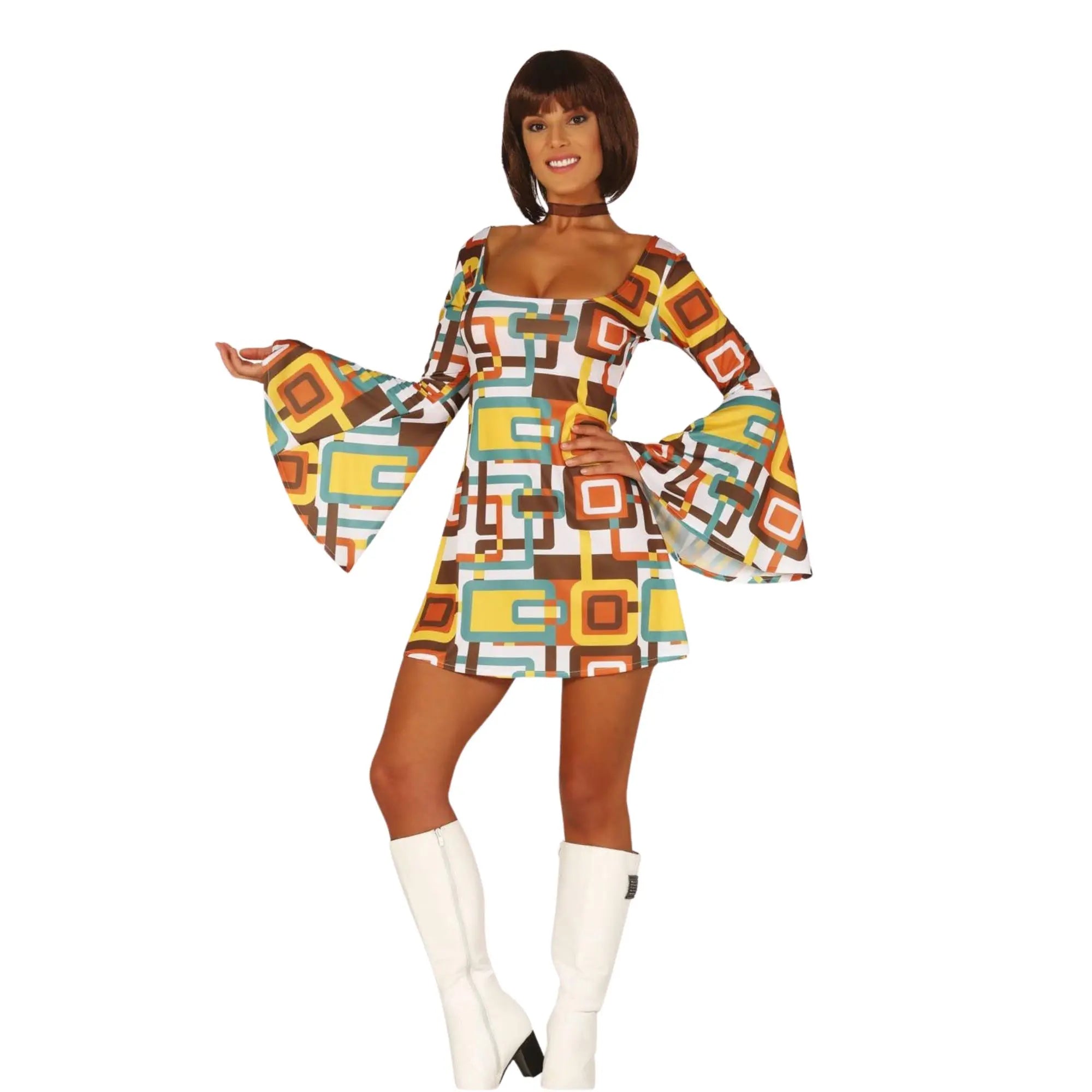 Disfraz de disco mujer años 70 con vestido brillante estilo retro