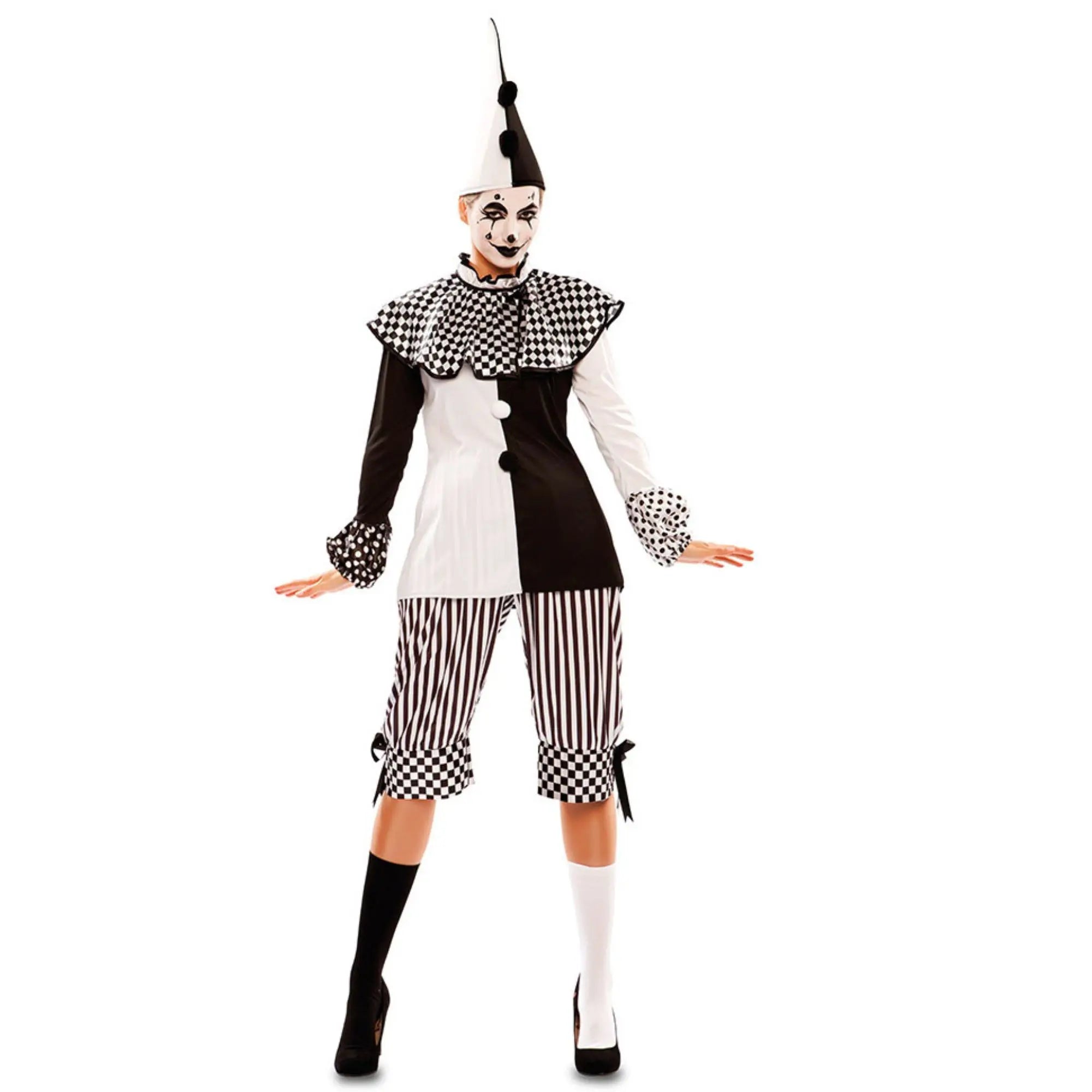 Disfraz de arlequina blanco y negro para mujer con camisa pantalón y gorro ideal para Carnaval o fiestas