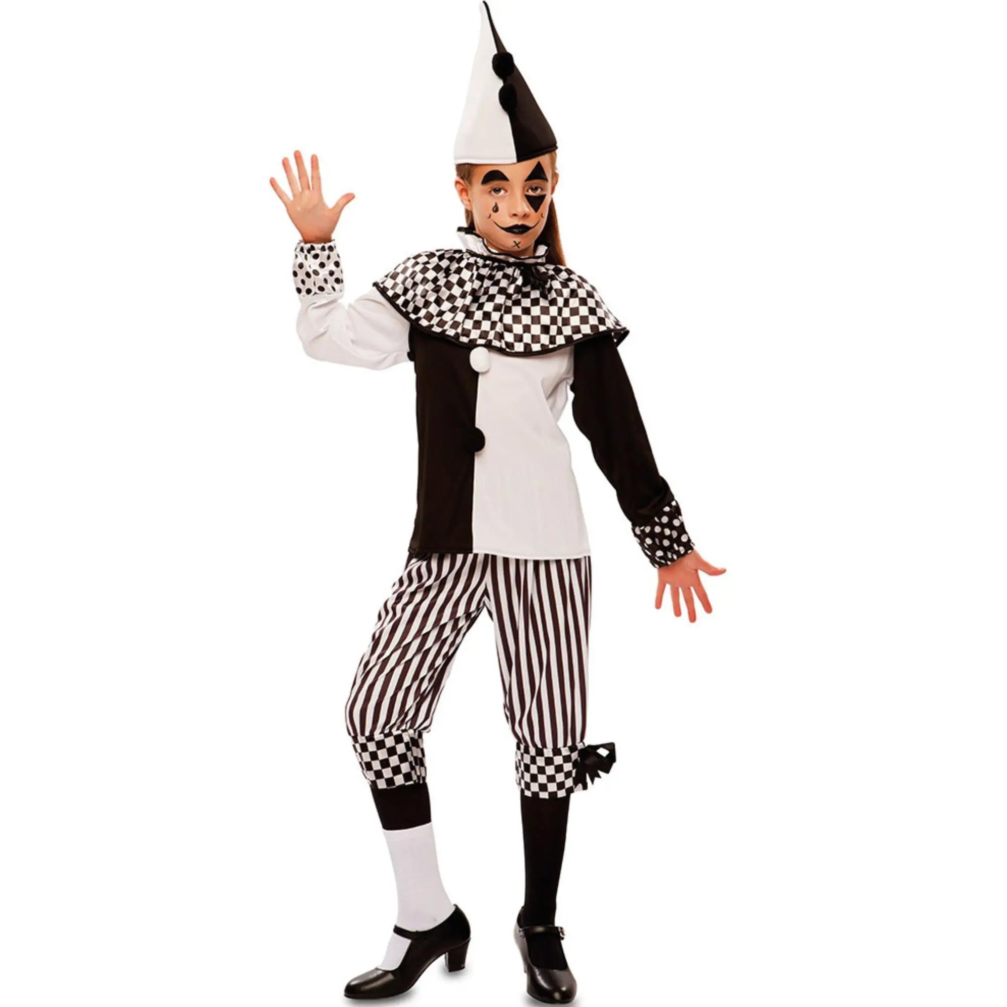 Disfraz de arlequina blanco y negro para niña con camisa pantalón y gorro ideal para Carnaval
