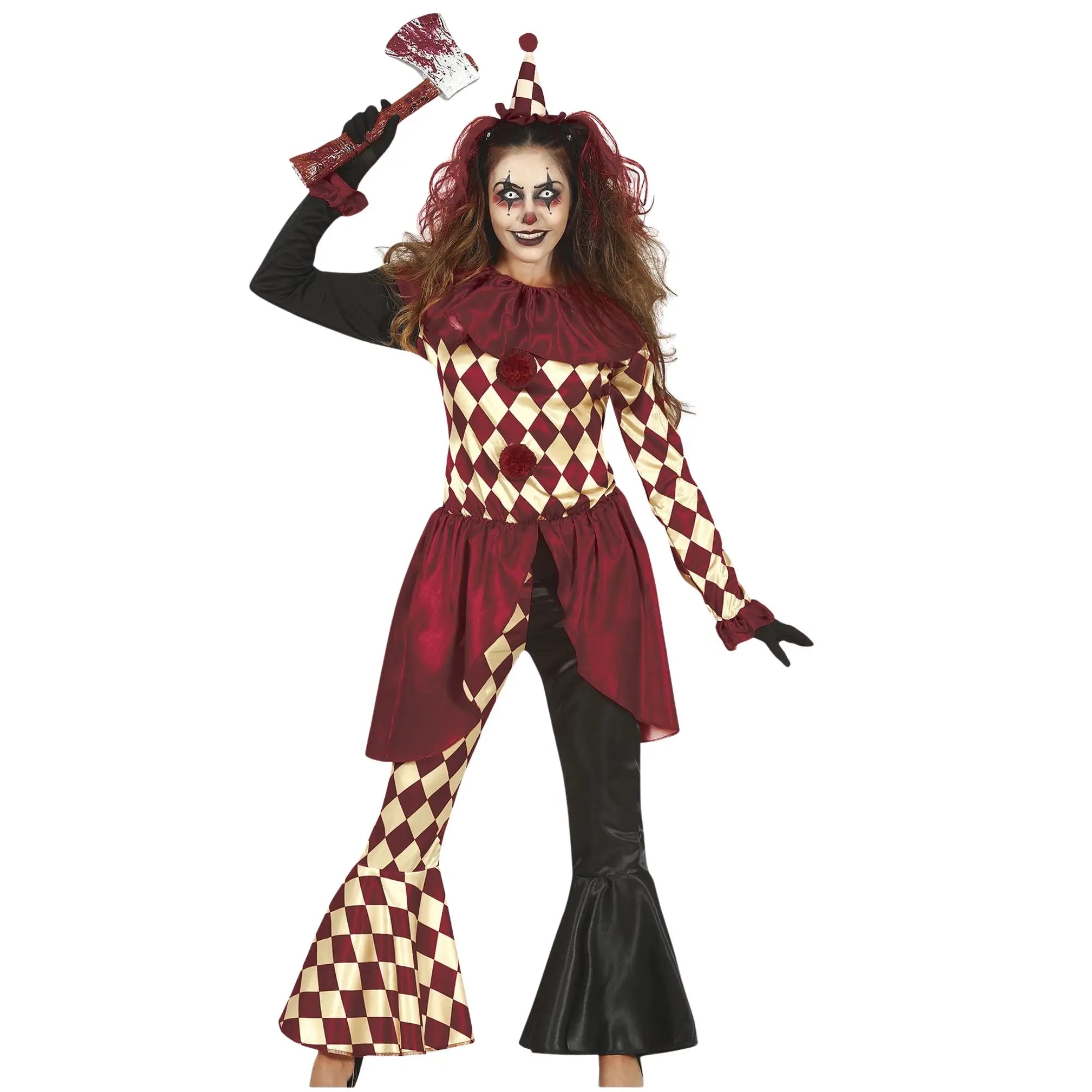 Disfraz de arlequín de terror para mujer con camiseta, pantalón y cuello ideal para Halloween