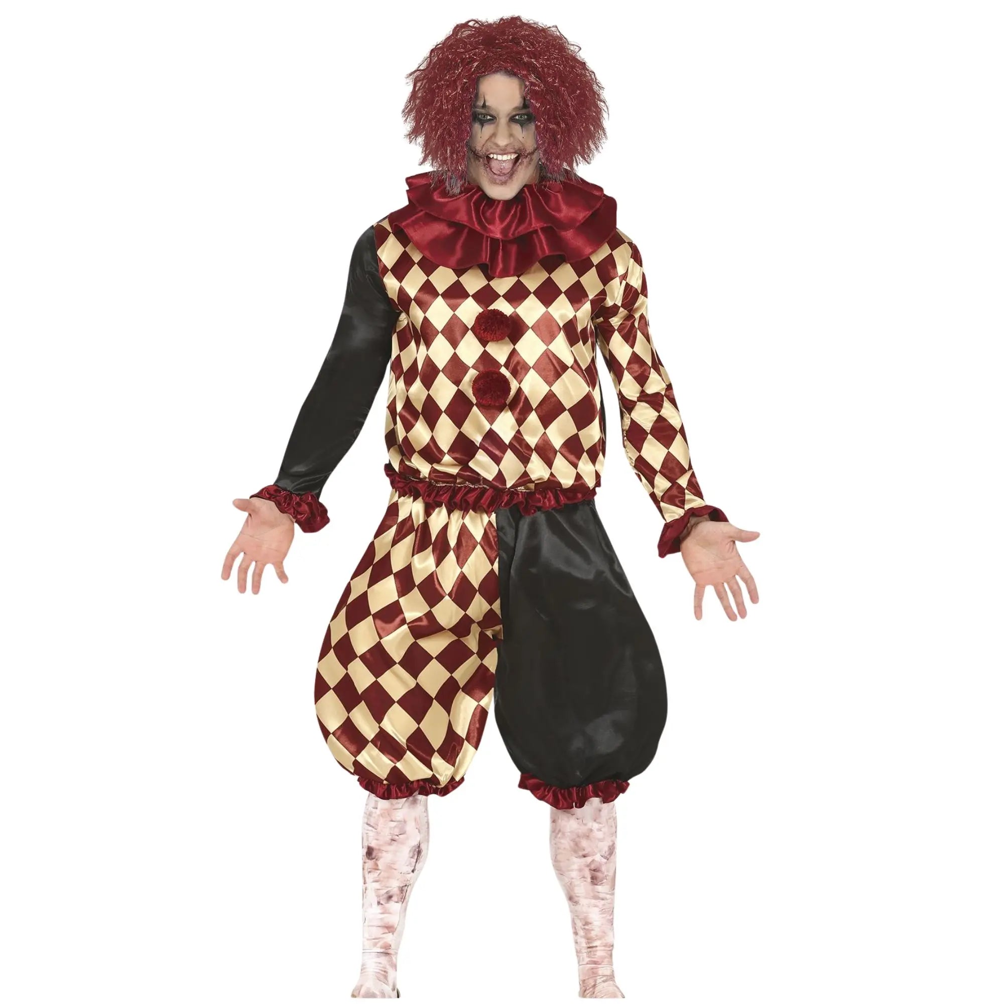 Disfraz de arlequín de terror para hombre con camiseta, pantalón y cuello estilo circo oscuro para Halloween