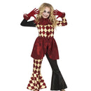 Disfraz de arlequín de terror para niña con camiseta, pantalón y cuello estilo circo oscuro para Halloween