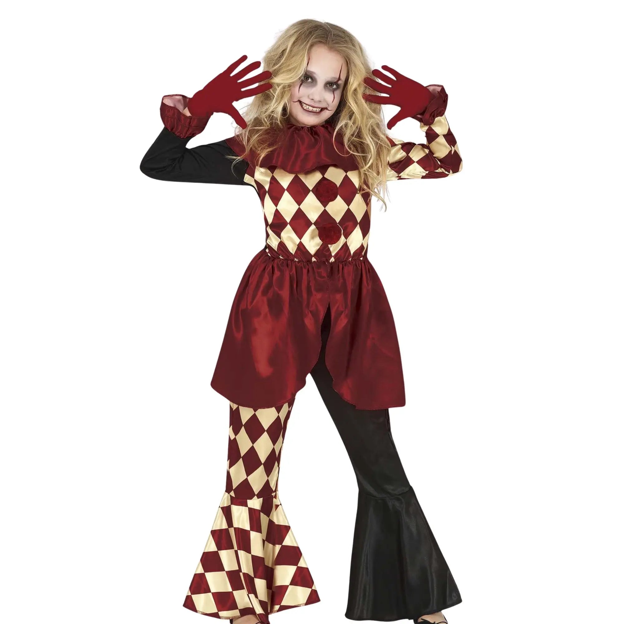 Disfraz de arlequín de terror para niña con camiseta, pantalón y cuello estilo circo oscuro para Halloween