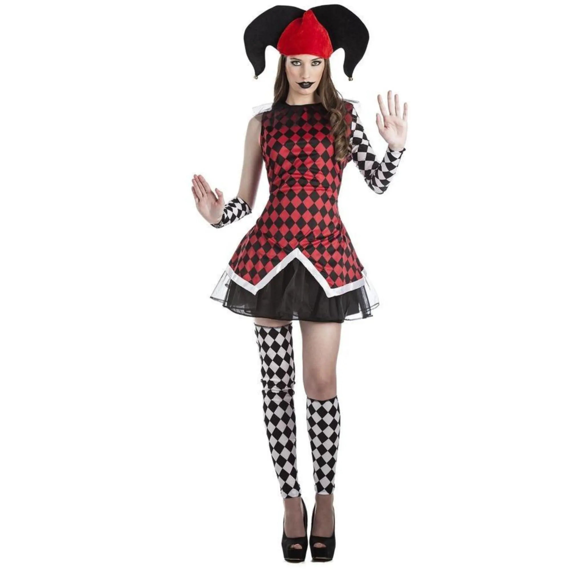 Disfraz de Arlequina para adulto con vestido colorido, enagua, mangas, perneras y sombrero estilo circo