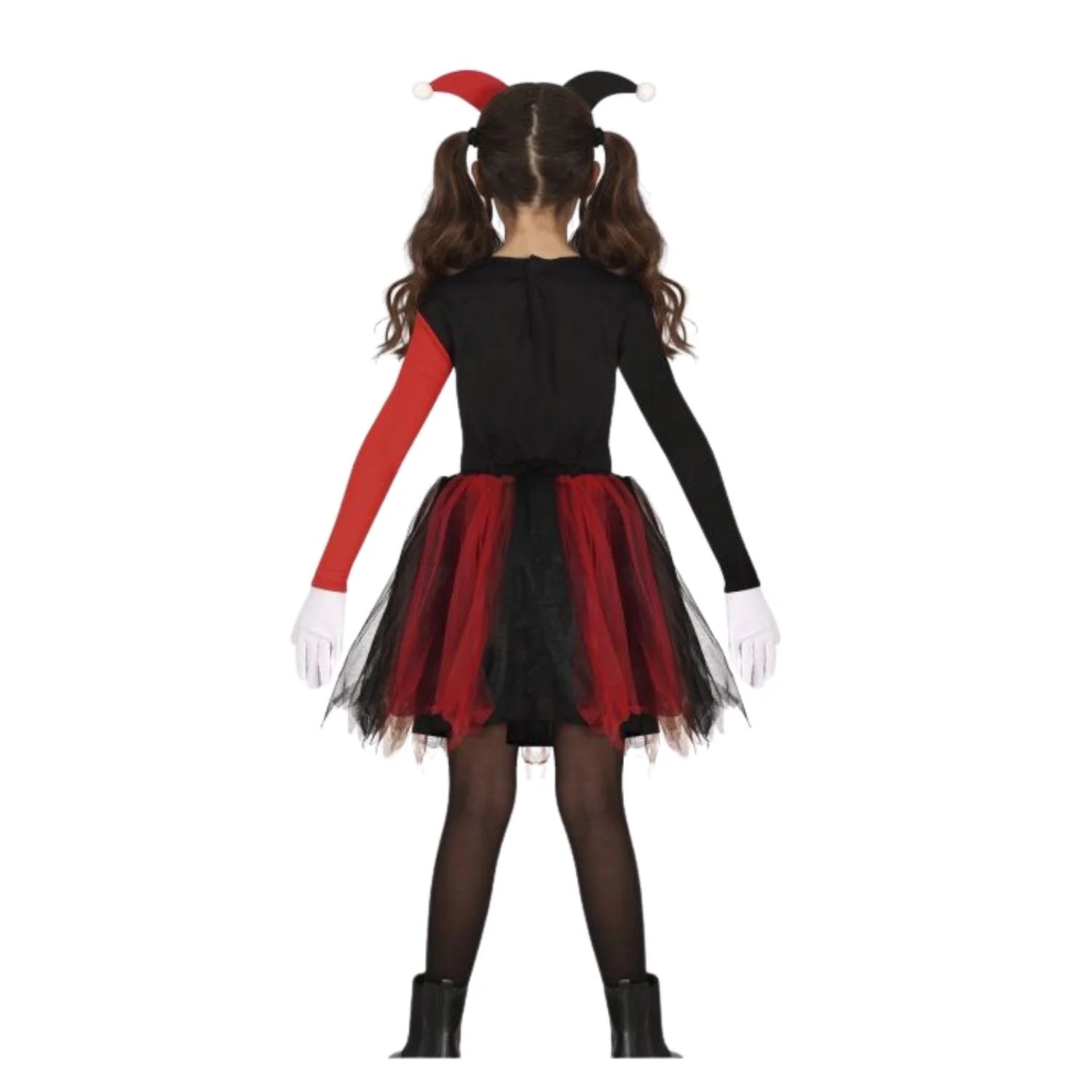 Niña con disfraz de arlequin rojo infantil completo para Carnaval