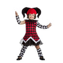 Disfraz de arlequina para niña con vestido colorido, perneras, mangas y sombrero de estilo circo