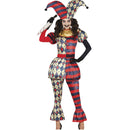 Disfraz de arlequín elegante para mujer con gorro, cuello decorativo, camiseta y pantalón ideal para Carnaval y Halloween