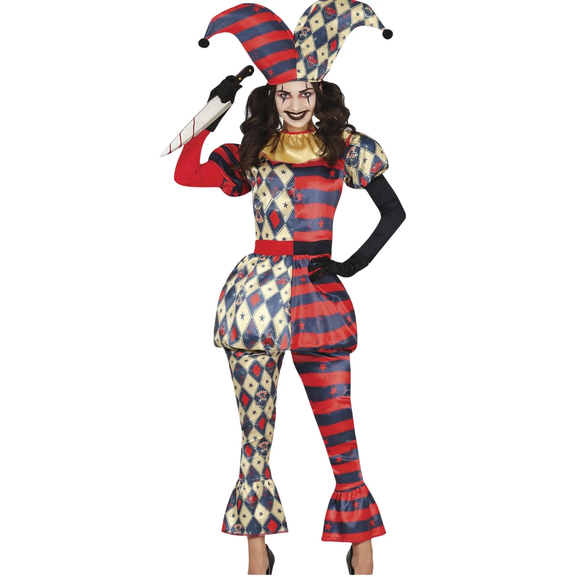 Disfraz de arlequín elegante para mujer con gorro, cuello decorativo, camiseta y pantalón ideal para Carnaval y Halloween