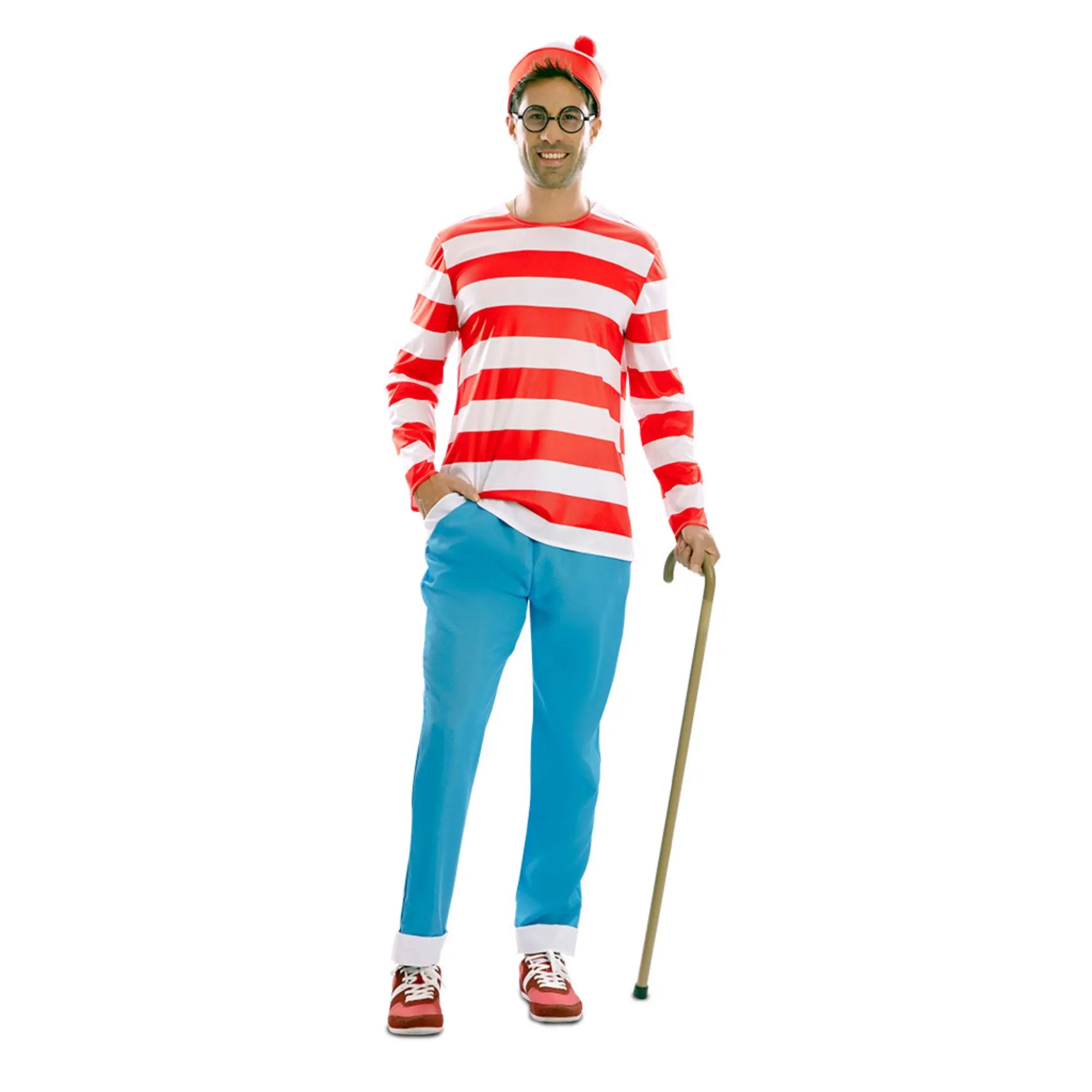 Disfraz de viajero para hombre tipo Wally con camiseta de rayas rojas, gorro y pantalón azul ideal para Carnaval