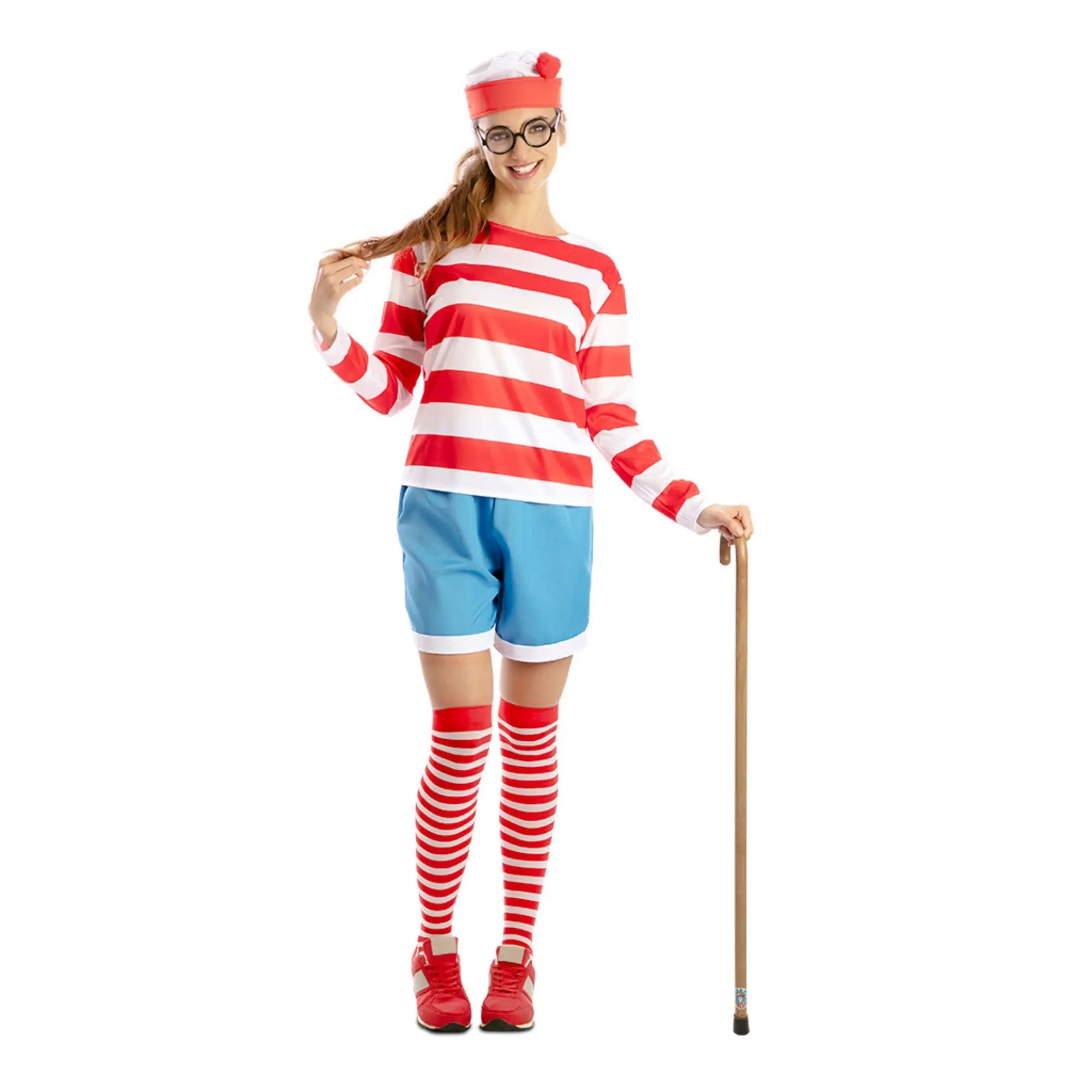Disfraz de viajera para mujer tipo Wally con camiseta de rayas rojas, gorro, medias y pantalón azul ideal para Carnaval