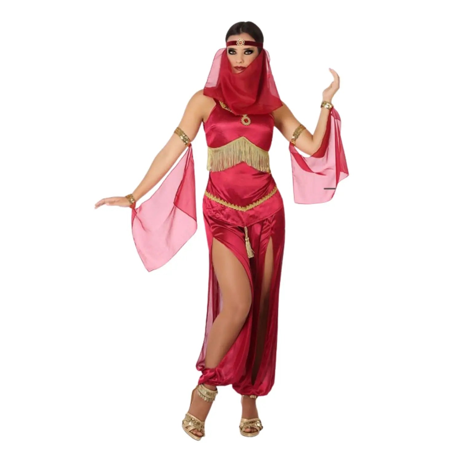 Elegante disfraz de bailarina árabe en color rojo con pantalón estilo harén, mangas de gasa y tocado, ideal para Carnaval y fiestas orientales.
