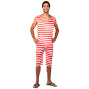 Disfraz bañista hombre años 20 con traje de rayas rojas estilo retro ideal para Carnaval o fiestas de verano