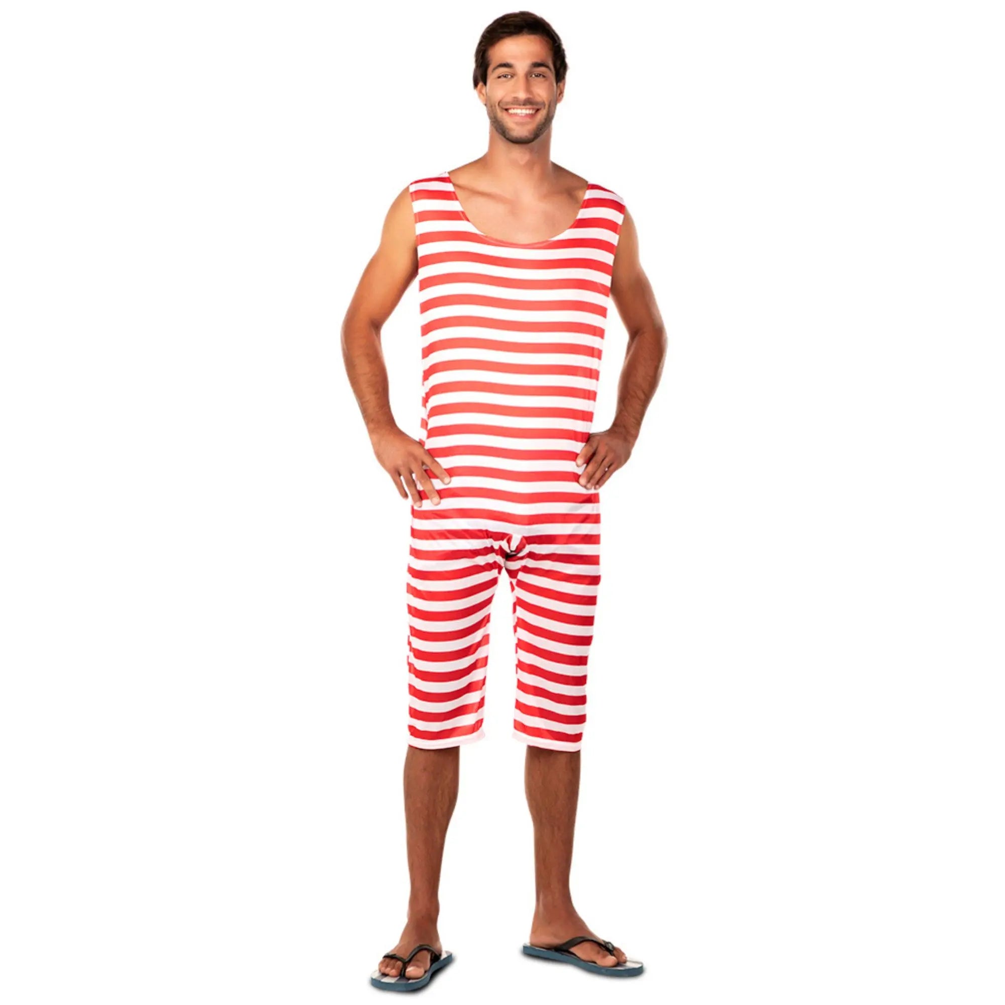 Disfraz bañista hombre años 20 con traje de rayas rojas estilo retro ideal para Carnaval o fiestas de verano
