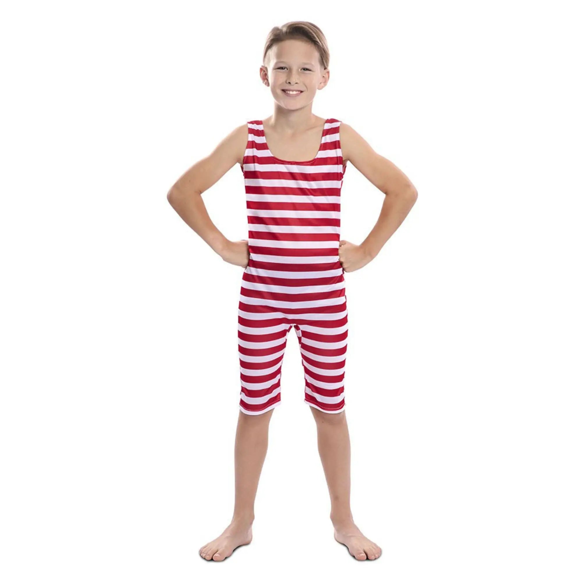 Disfraz bañista niño años 20 con mono de rayas rojas estilo retro ideal para Carnaval o fiestas escolares