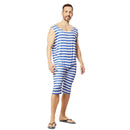 Disfraz de bañista hombre con mono de tirantes a rayas azules estilo años 20-30