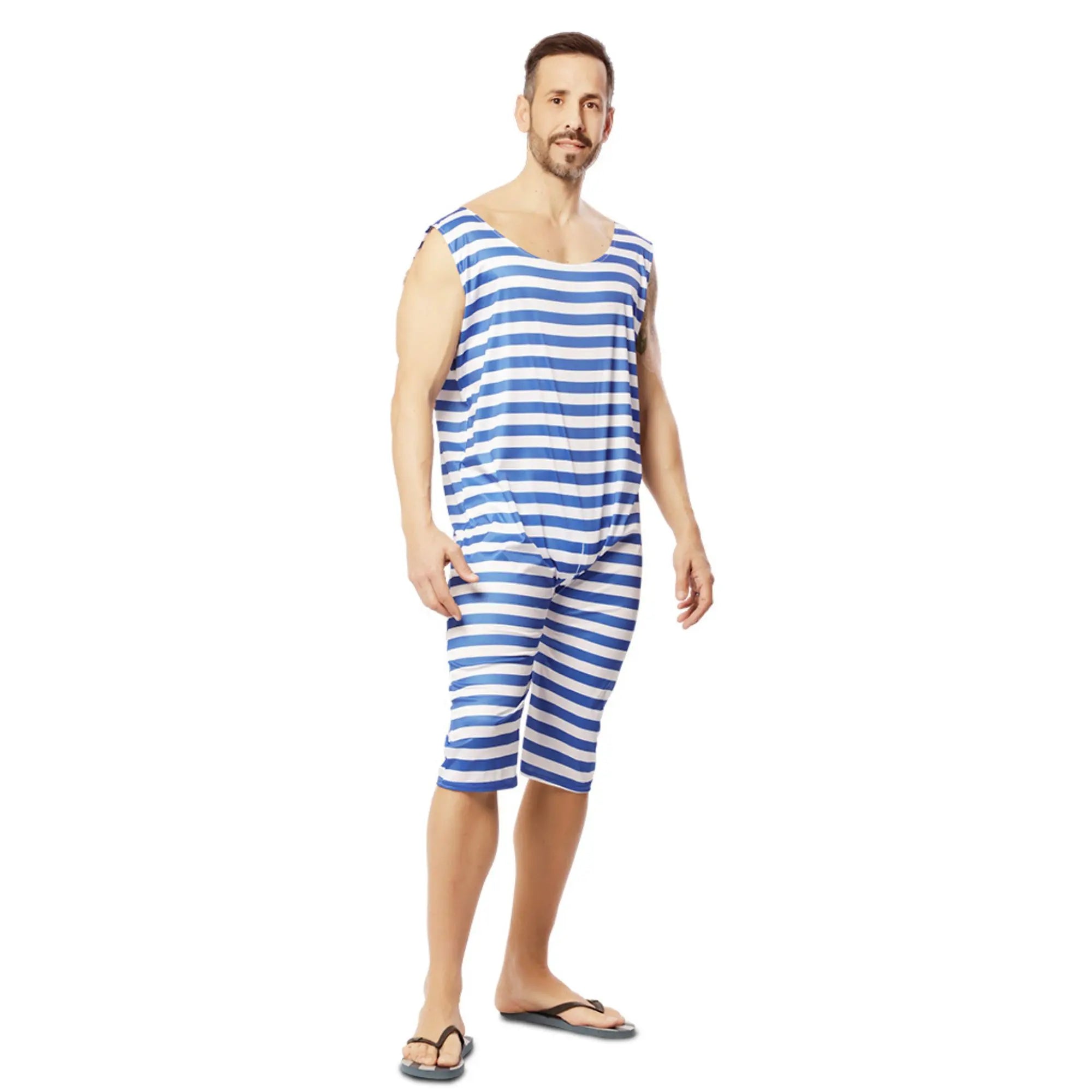 Disfraz de bañista hombre con mono de tirantes a rayas azules estilo años 20-30