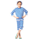 Disfraz de bañista niña con camiseta, gorro  y pantalón a rayas azules estilo años 20-30