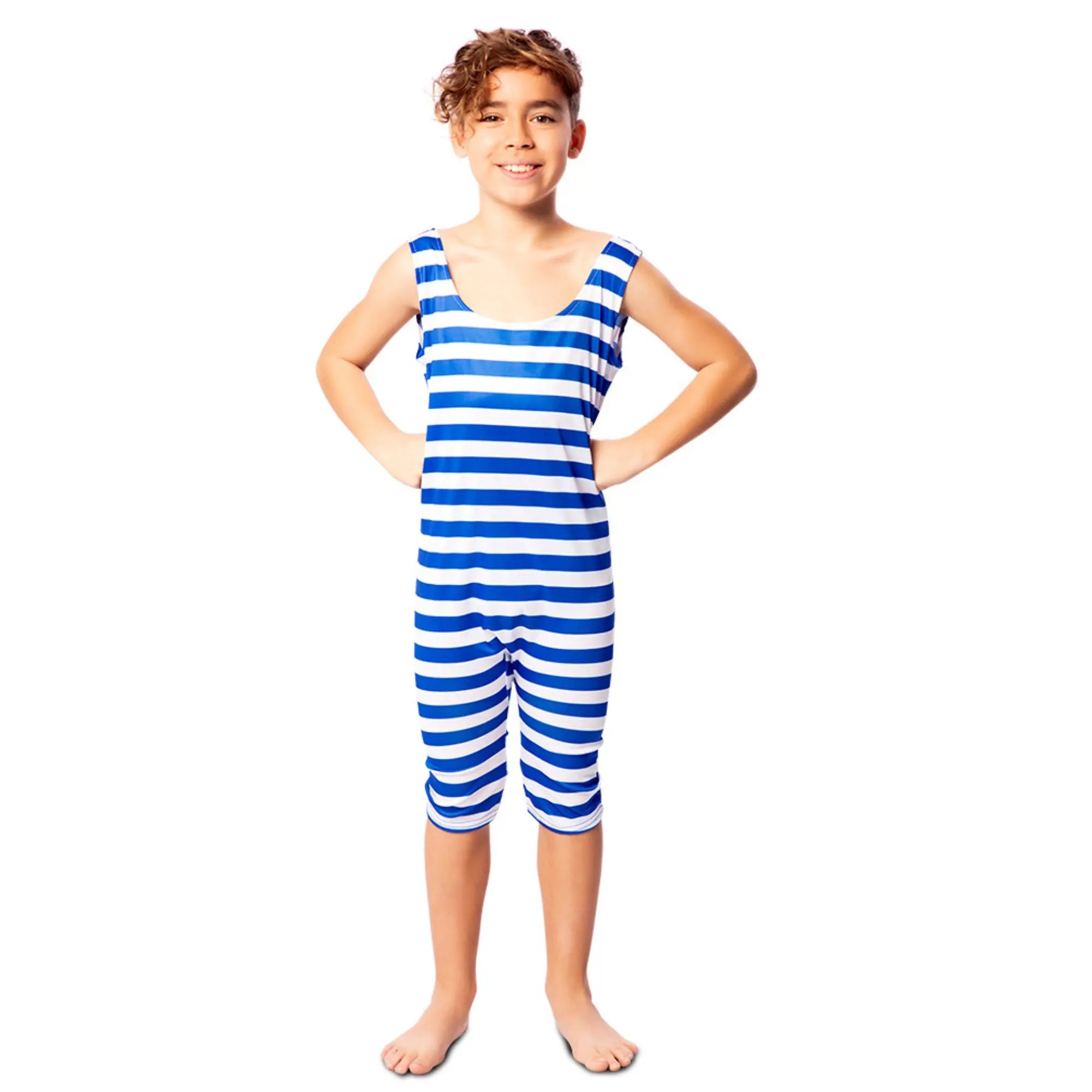 Disfraz de bañista niño con mono sin mangas a rayas azules estilo años 20-30