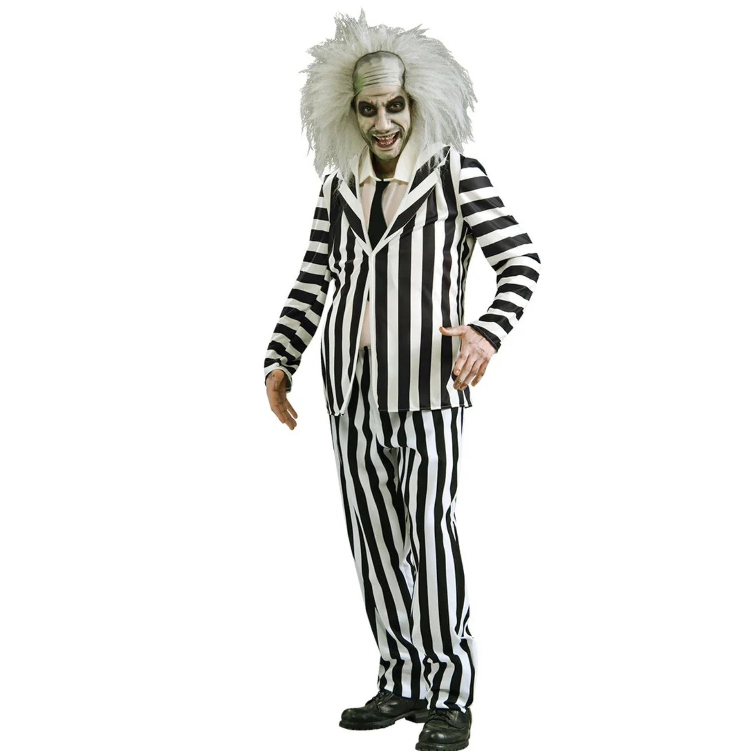 Hombre con disfraz de Beetlejuice Adulto con traje de rayas blancas y negras