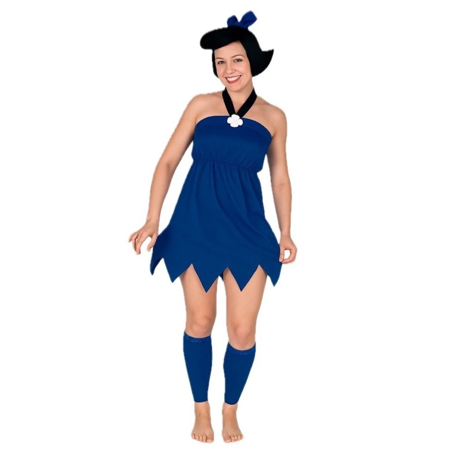 Disfraz de Betty de los Picapiedra para mujer con vestido azul y tocado negro