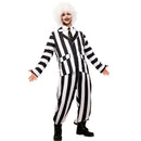 Disfraz de fantasma divertido hombre con traje de rayas negras verticales estilo Beetlejuice