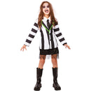 Disfraz de fantasma niña con chaqueta y falda de rayas blancas y negras estilo Beetlejuice