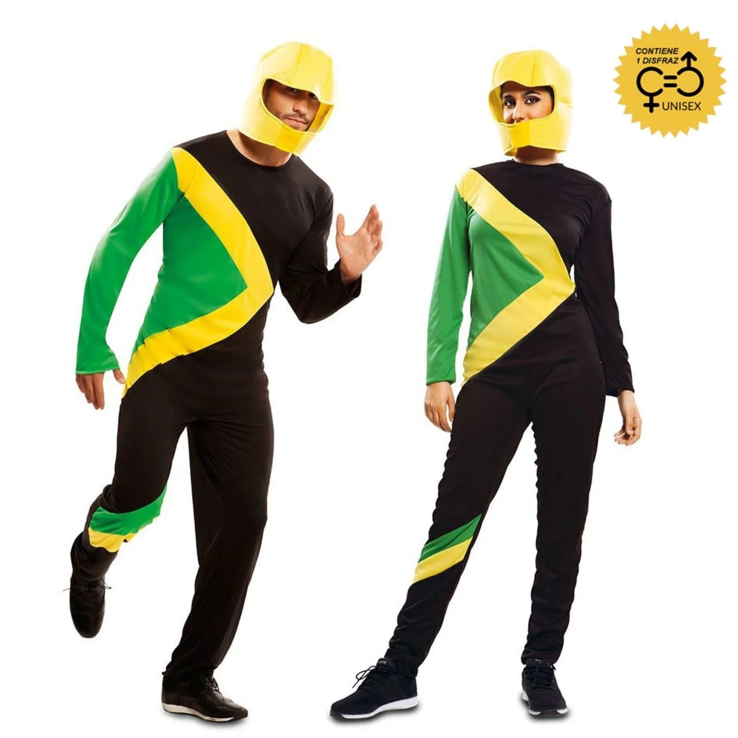 Hombre y mujer con disfraz de bobsleigh jamaicano adulto
