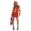 Disfraz bombera mujer con vestido rojo y sombrero para Carnaval y fiestas temáticas