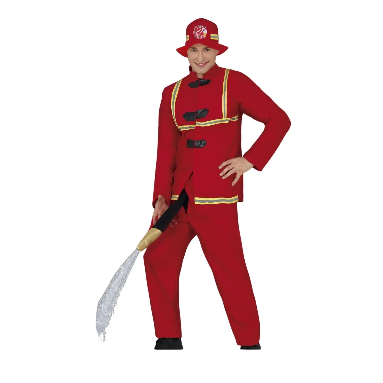 Disfraz de bombero para adulto con chaqueta pantalón cinturón gorro y manguera