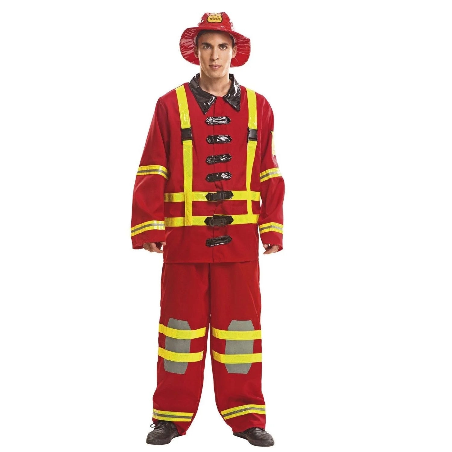 Disfraz bombero hombre con sombrero rojo, chaqueta y pantalón de emergencia