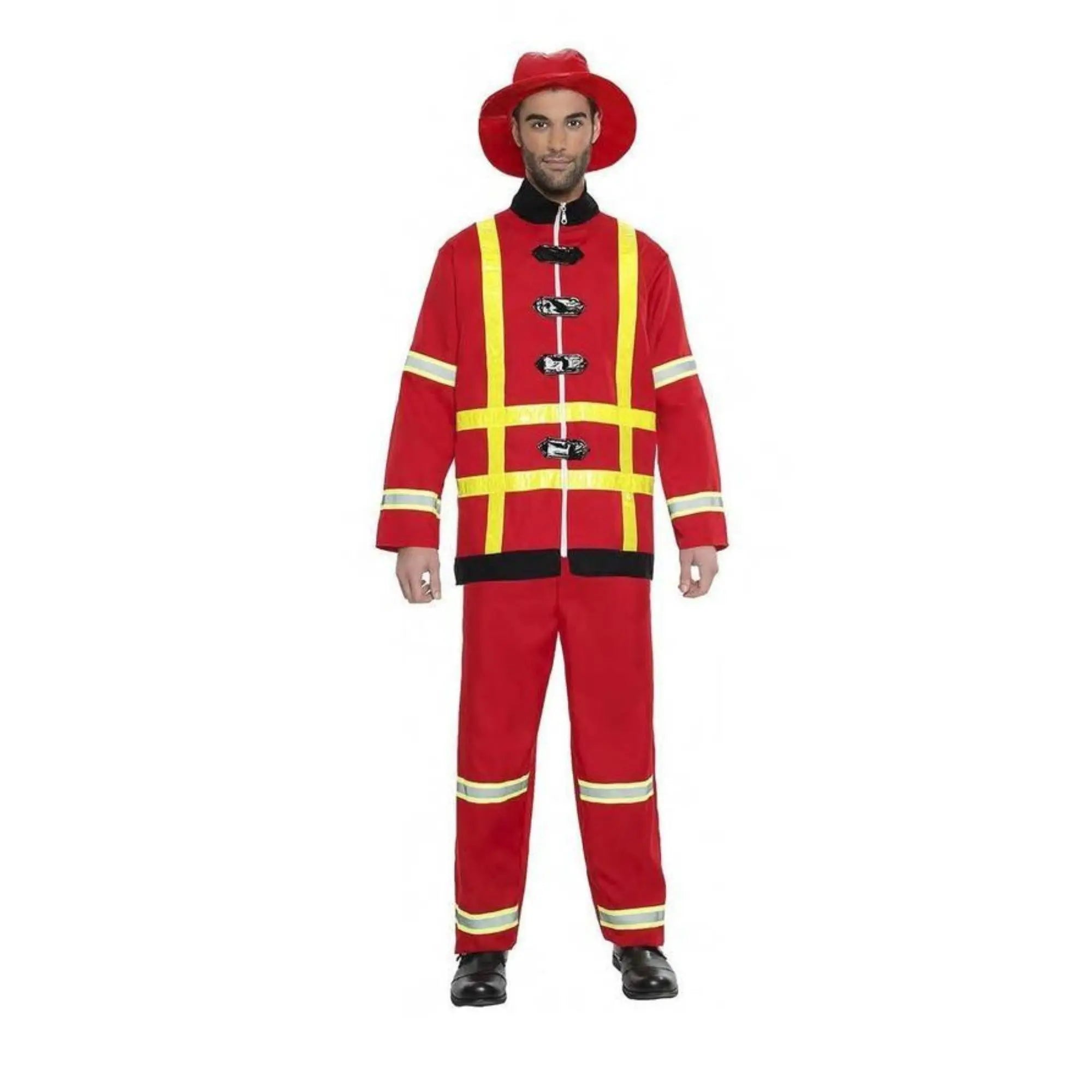 Disfraz de bombero para hombre con chaqueta, pantalón y gorro ideal para Carnaval y fiestas temáticas