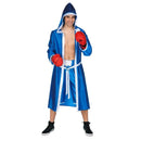 Hombre con disfraz de boxeador azul con bata y pantalón corto
