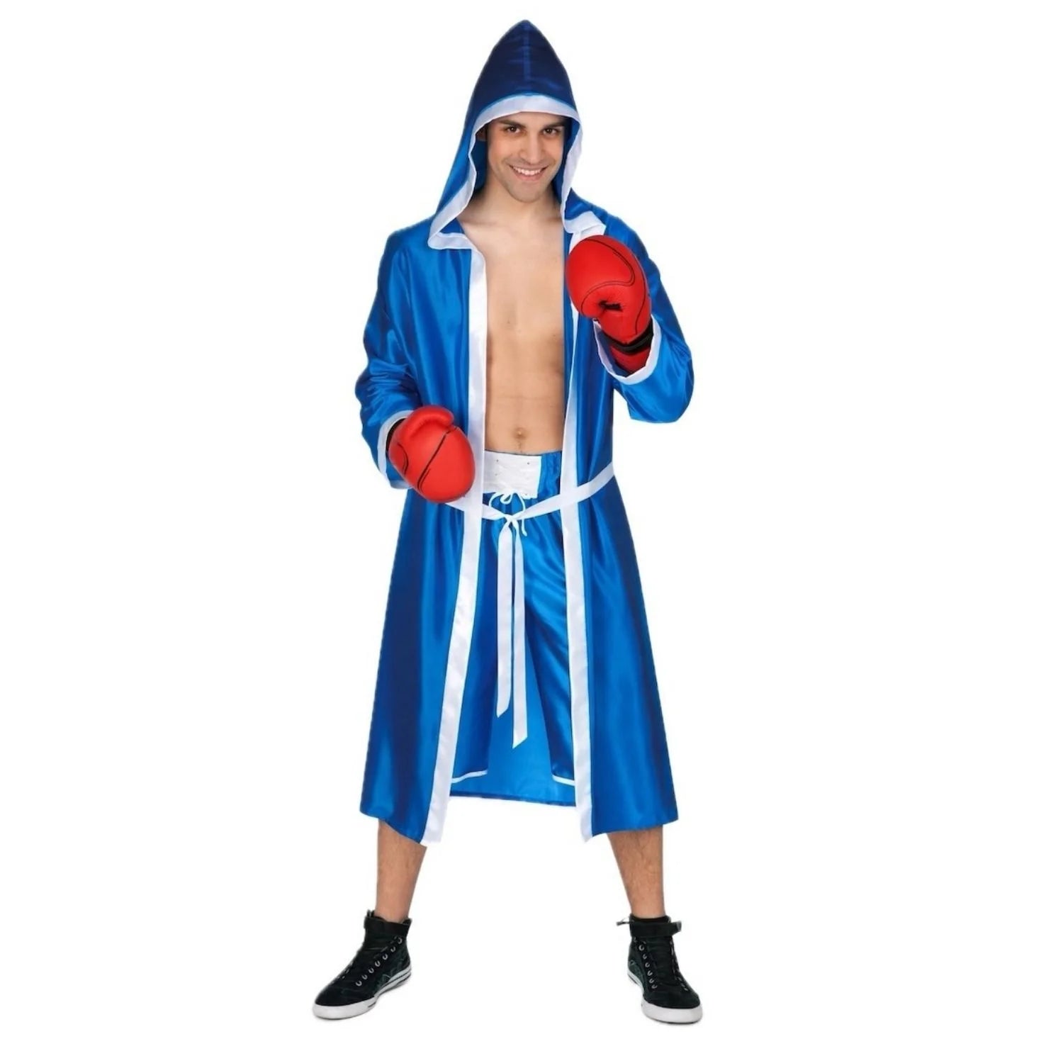 Hombre con disfraz de boxeador azul con bata y pantalón corto