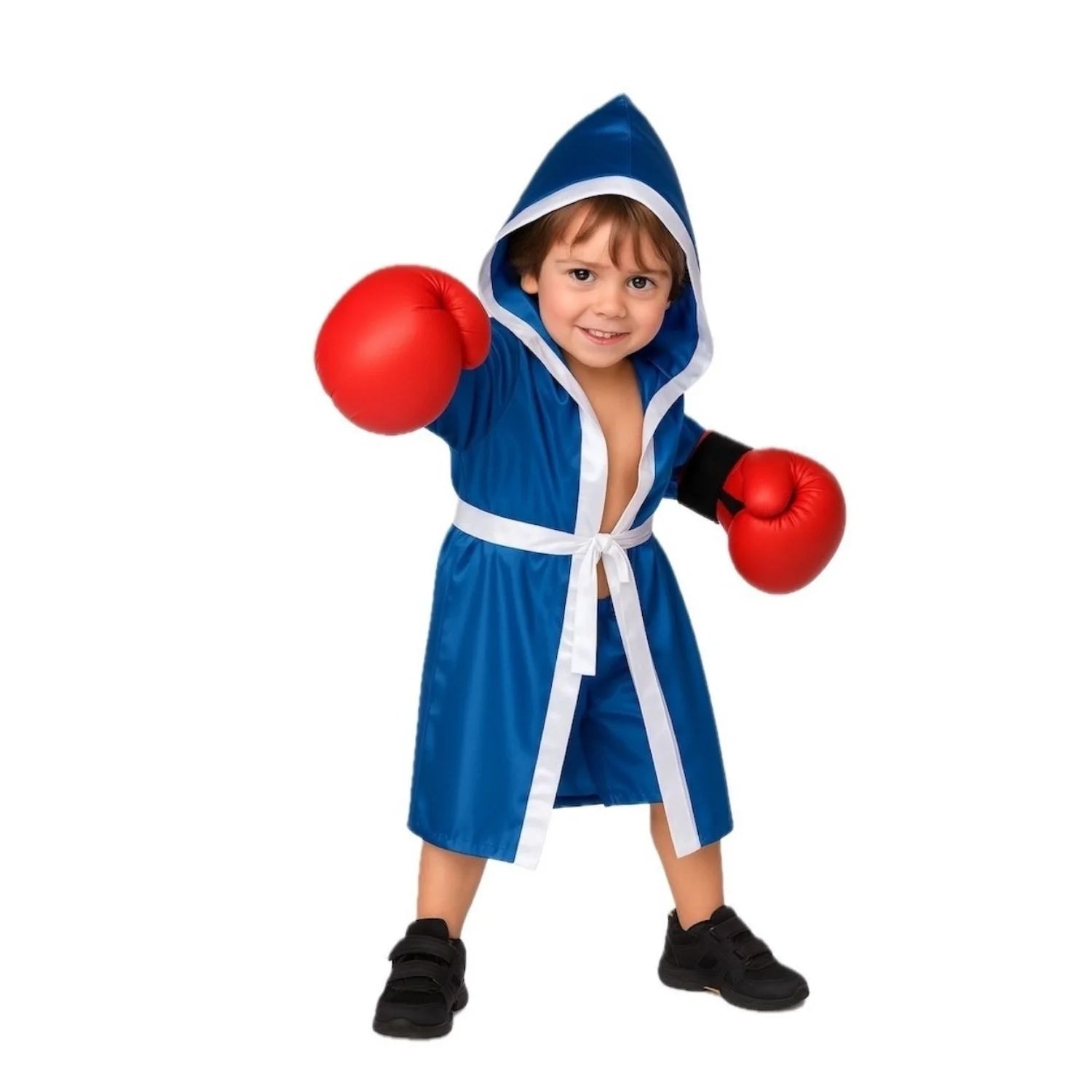 Niño con disfraz de boxeador azul con bata y pantalón corto