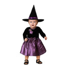 Disfraz Bruja Bebé Raso Morado con vestido satinado y sombrero